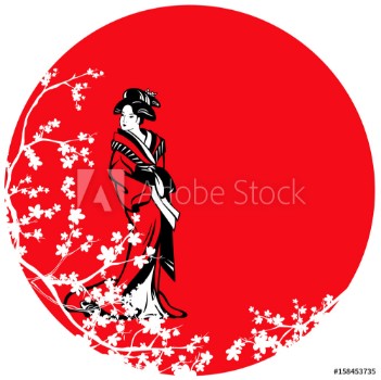 Picture of Beautiful japanese geisha among sakura blossom against red sun vector design